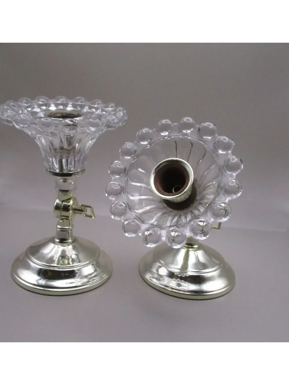 VTG 1950s Pair MCM Clear Glass Fluted Swivel Wall Sconces Brass Backplate Set
